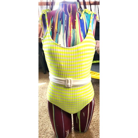 Striped One-Piece Swimsuit with Belt Yellow & White Women's Size Small 3-5 - Picture 1 of 5